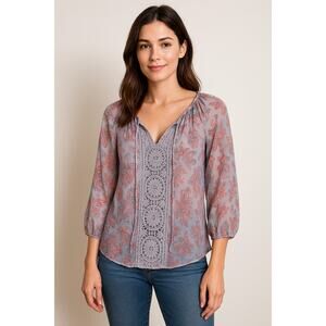 Cynthia Rowley Boho Peasant Blouse 3/4 Sleeves Sz XS